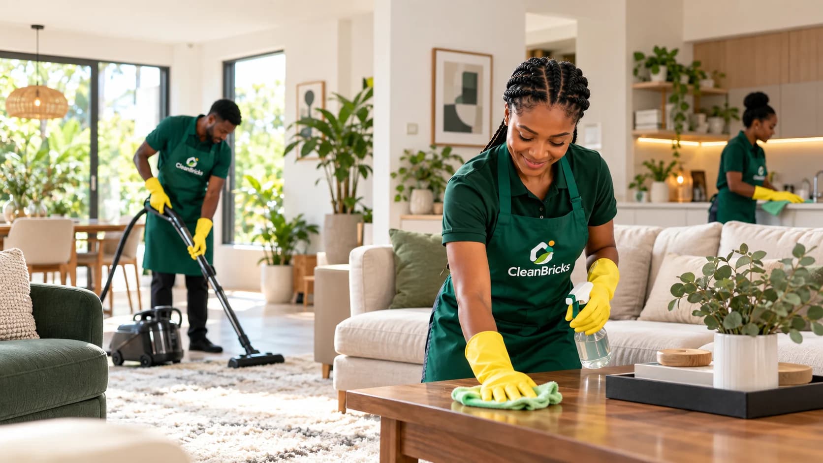 A CleanBricks cleaner dusting a sofa while a colleague vacuums