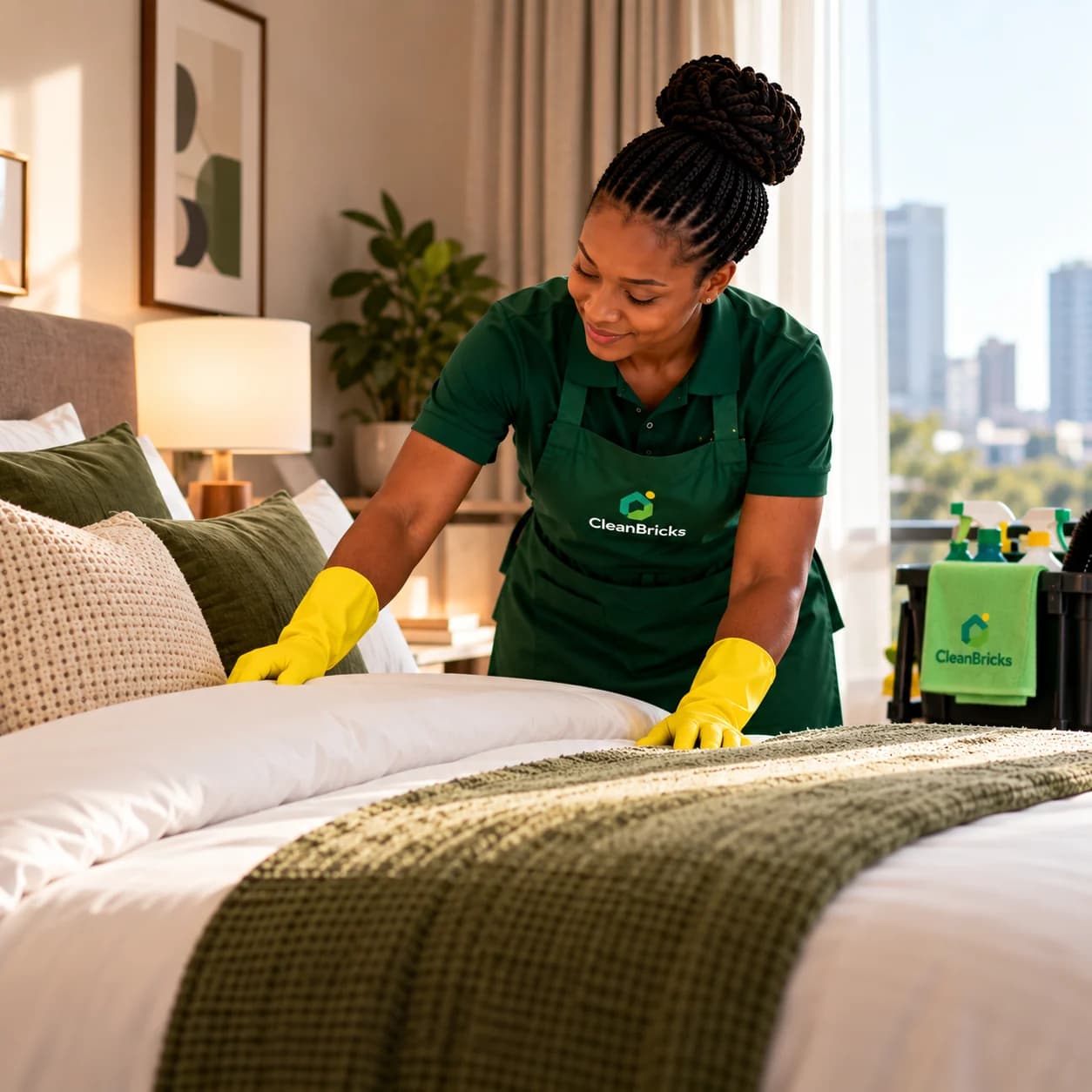 A CleanBricks cleaner preparing a bed with fresh linen