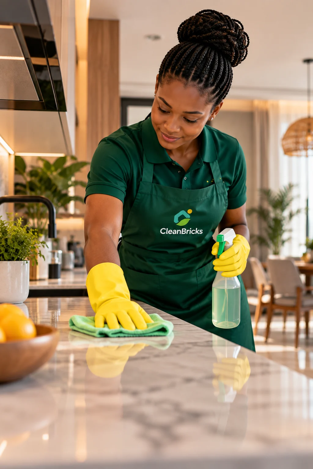 A CleanBricks cleaner wiping a marble kitchen counter in a bright apartment