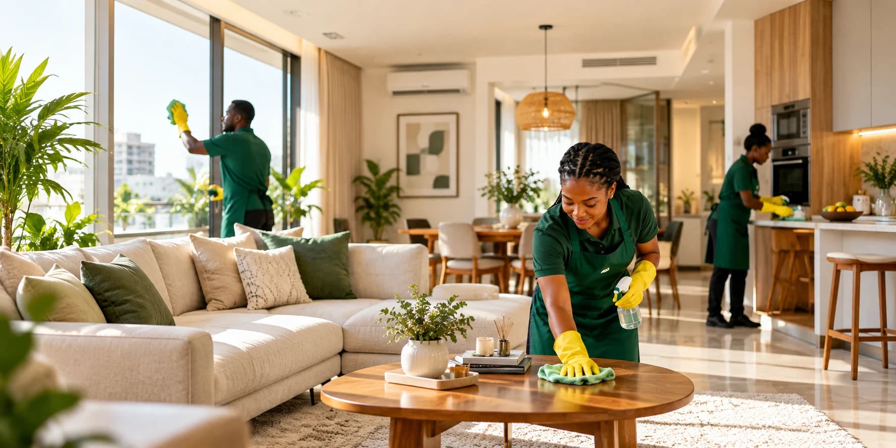 A CleanBricks cleaner wiping a coffee table in a bright living room