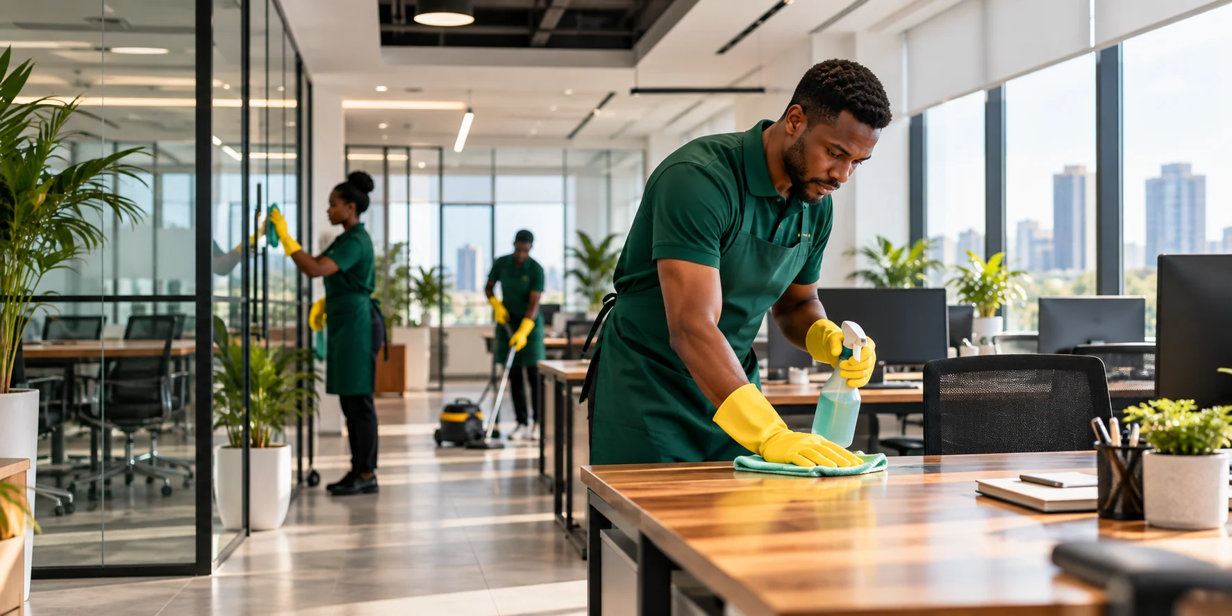 CleanBricks cleaners at work in a modern open-plan office